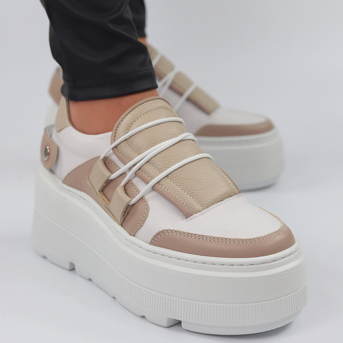 Sneakersy skórzane beżowe na gumce i grubej platformie Nobo