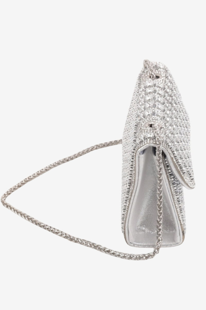 Wizytowa torebka damska w cyrkonie z klapą srebrna