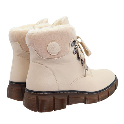 Botki damskie beżowe ocieplane na platformie sznurowane z zamkiem