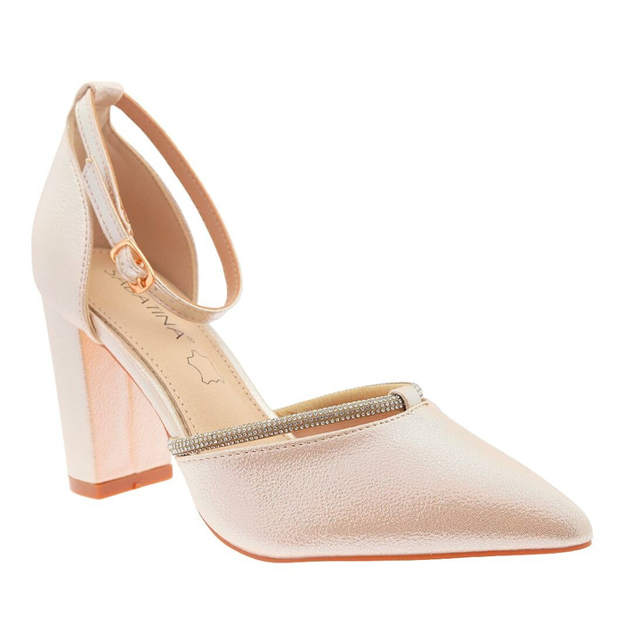 Damskie czółenka złote z paskiem w cyrkonie na słupku