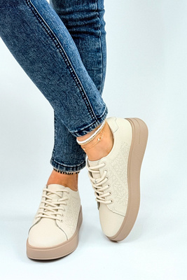 Skórzane półbuty beżowe na platformie sznurowane