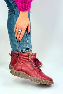 Bordowe botki ocieplane płaskie sznurowane z zamkiem 