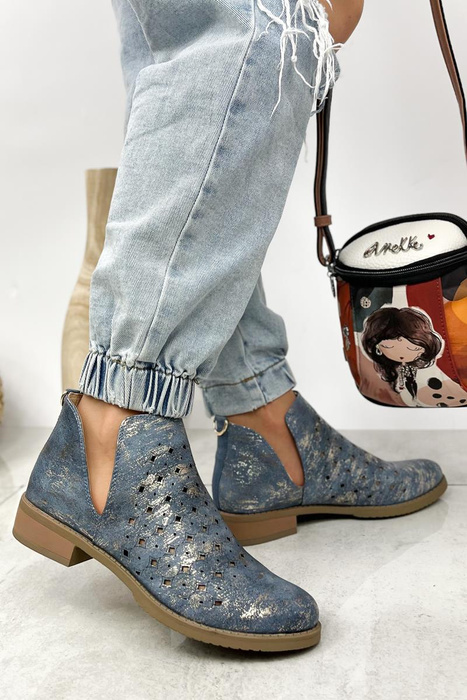 Niebiesko złote botki wsuwane na płaskim obcasie