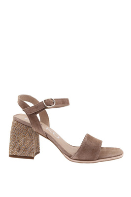 Beżowe sandały skórzane welurowe na klocku Ryłko