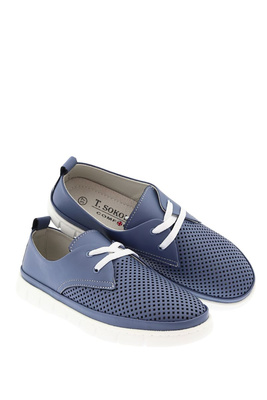 Niebieskie półbuty skórzane ażurowe płaskie