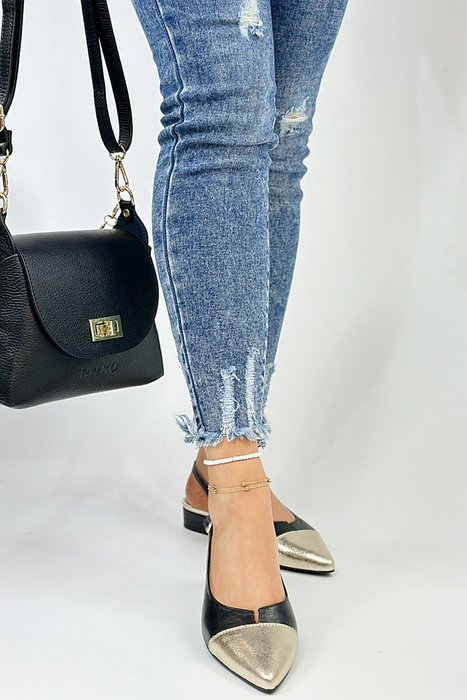 Sandały skórzane czarno złote z noskiem w szpic