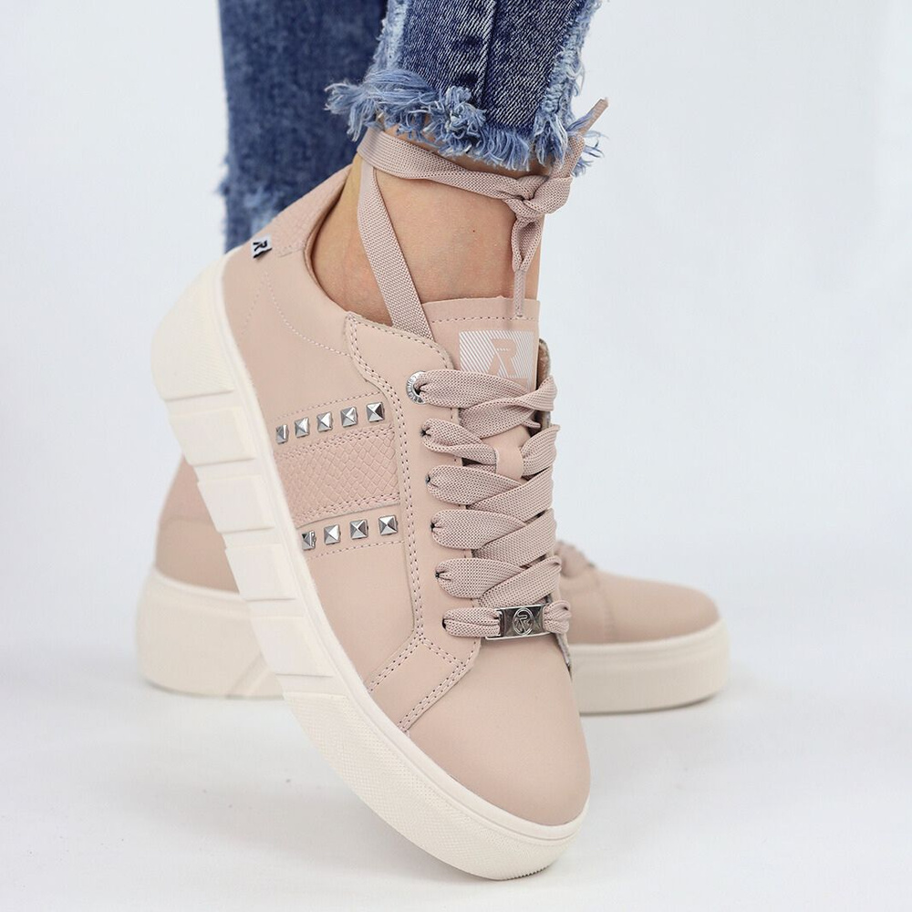 Sneakersy skórzane na platformie różowe Rieker