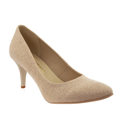 Złote szpilki czółenka w brokacie