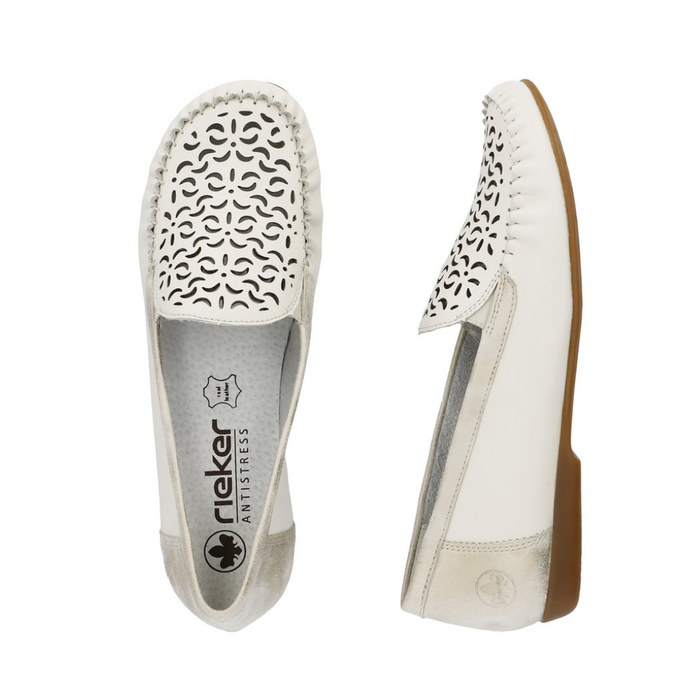 Бежево-білі шкіряні мокасини Rieker з ажурним верхом