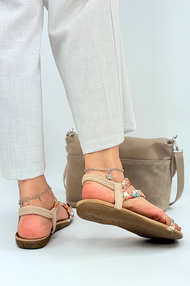 Beżowo żółte sandały z plecionymi paskami zdobione cyrkoniami Artiker