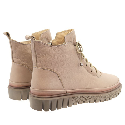 Trzewiki skórzane na niskiej platformie ciemno beżowe sznurowane