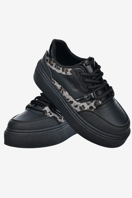 Czarne sneakersy na grubej platformie z ekoskóry z motywem panterki Big Star