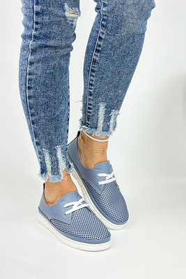 Niebieskie półbuty skórzane ażurowe płaskie