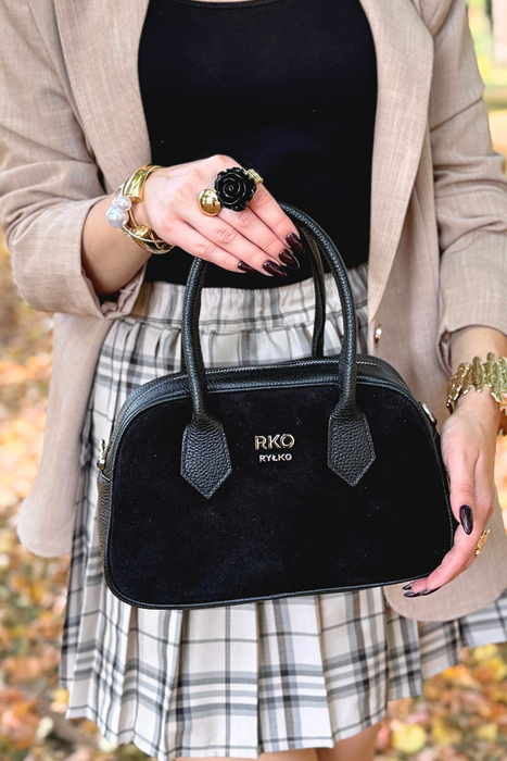 Mała elegancka czarna torebka welurowa skórzana Ryłko