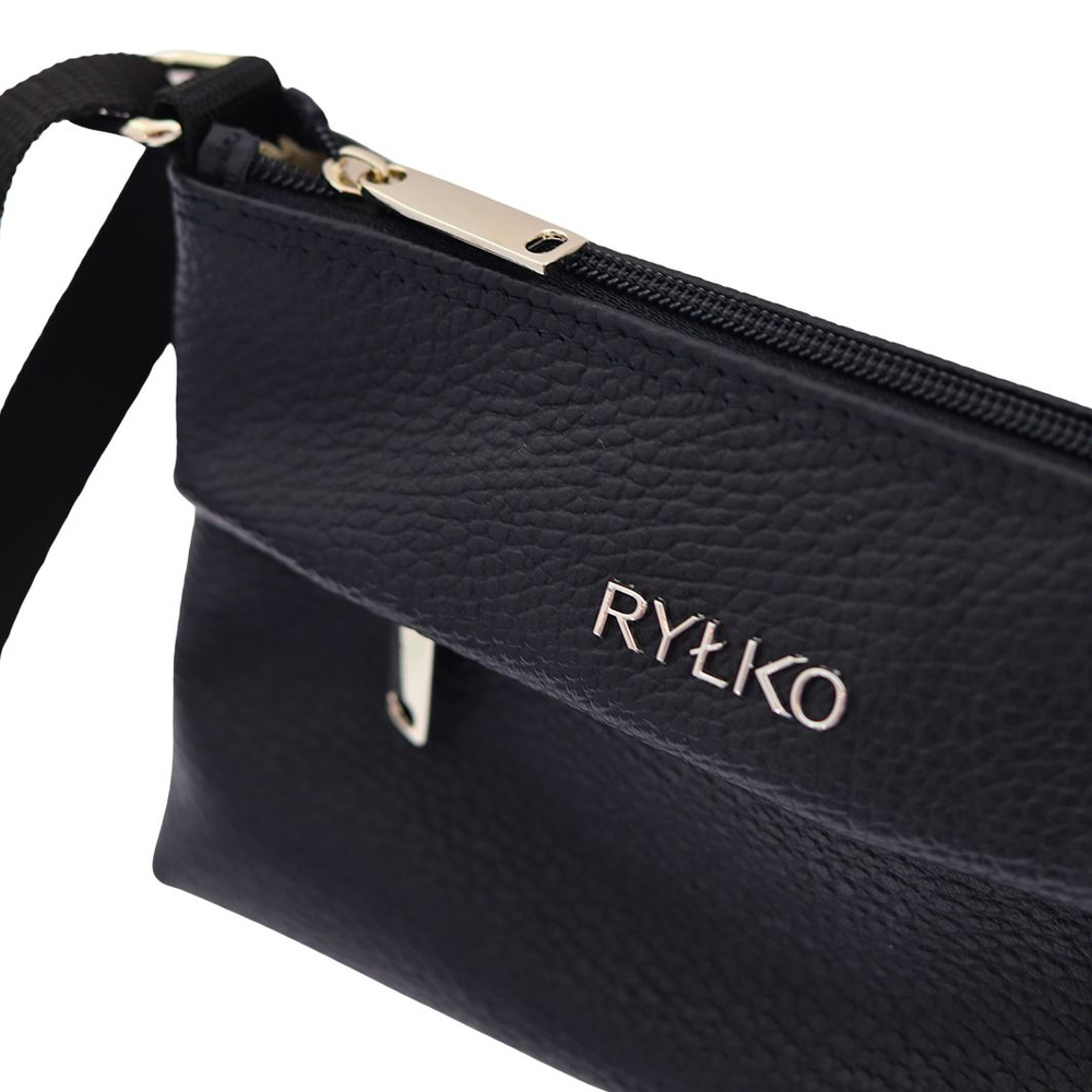 Mała skórzana torebka czarna na szerokim pasku Ryłko