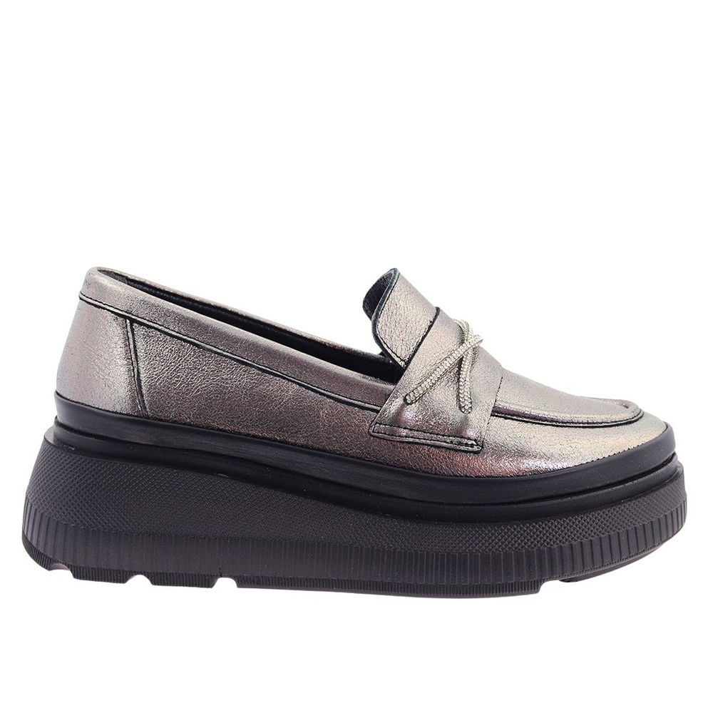 Mokasyny skórzane srebrne z paskami w cyrkonie na platformie