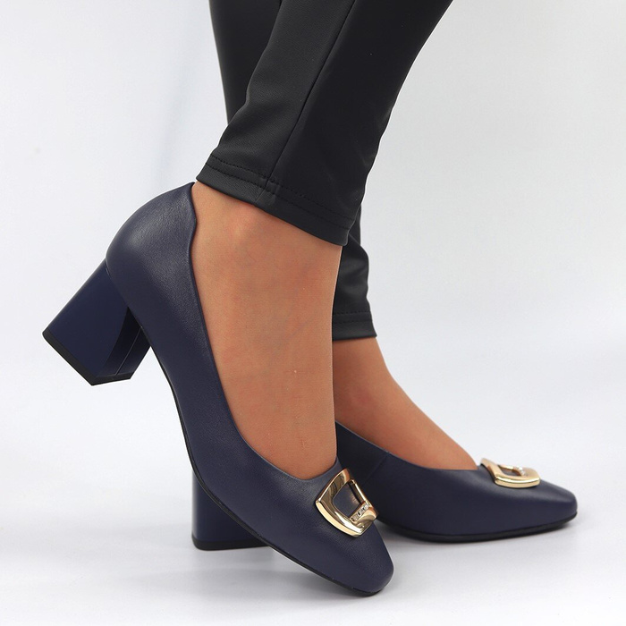 Темно-сині шкіряні човники із золотою пряжкою на блоку Anis