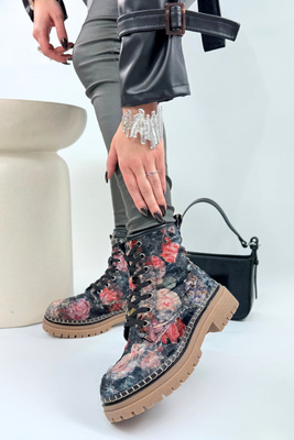 Botki damskie skórzane w kwiaty multicolor