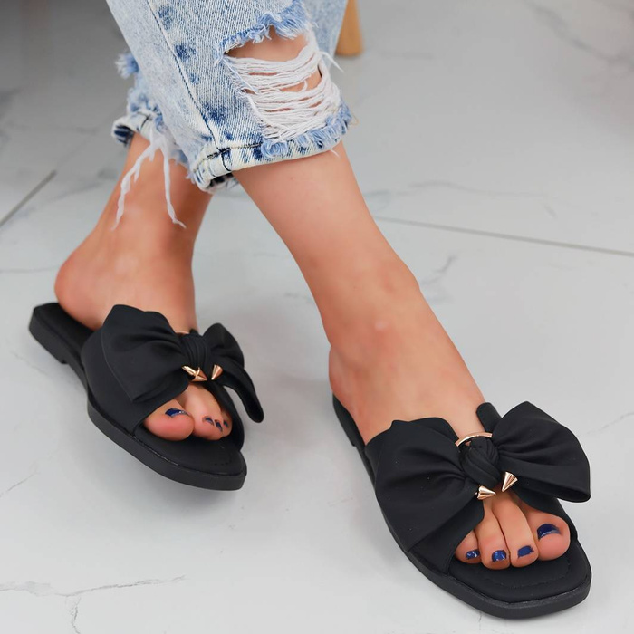 Жіночі чорні тапочки з великим бантом Evento
