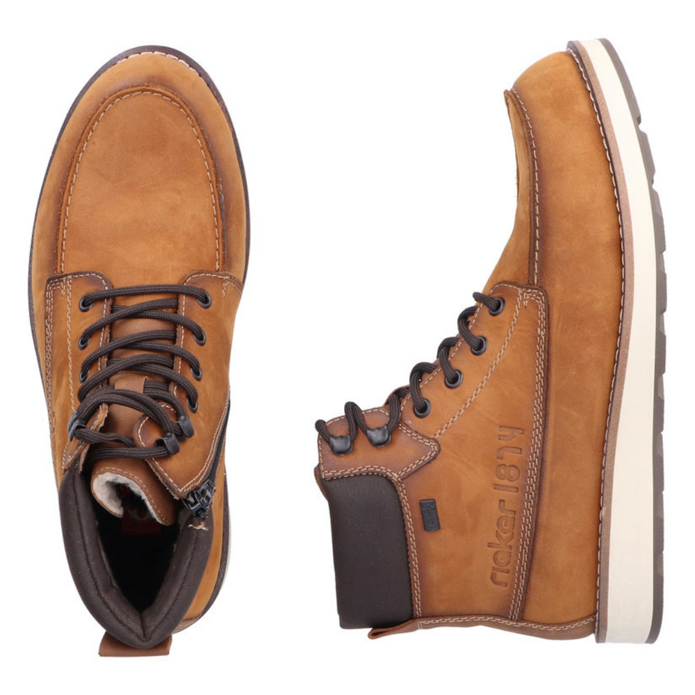 Trzewiki męskie Rieker ocieplane sznurowane z zamkiem w kolorze camel