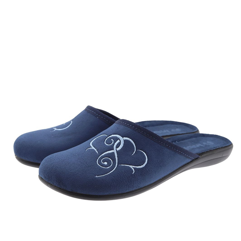 Жіночі домашні тапочки з вишивкою темно-синього кольору
