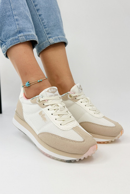 Sneakersy damskie biało beżowe sznurowane