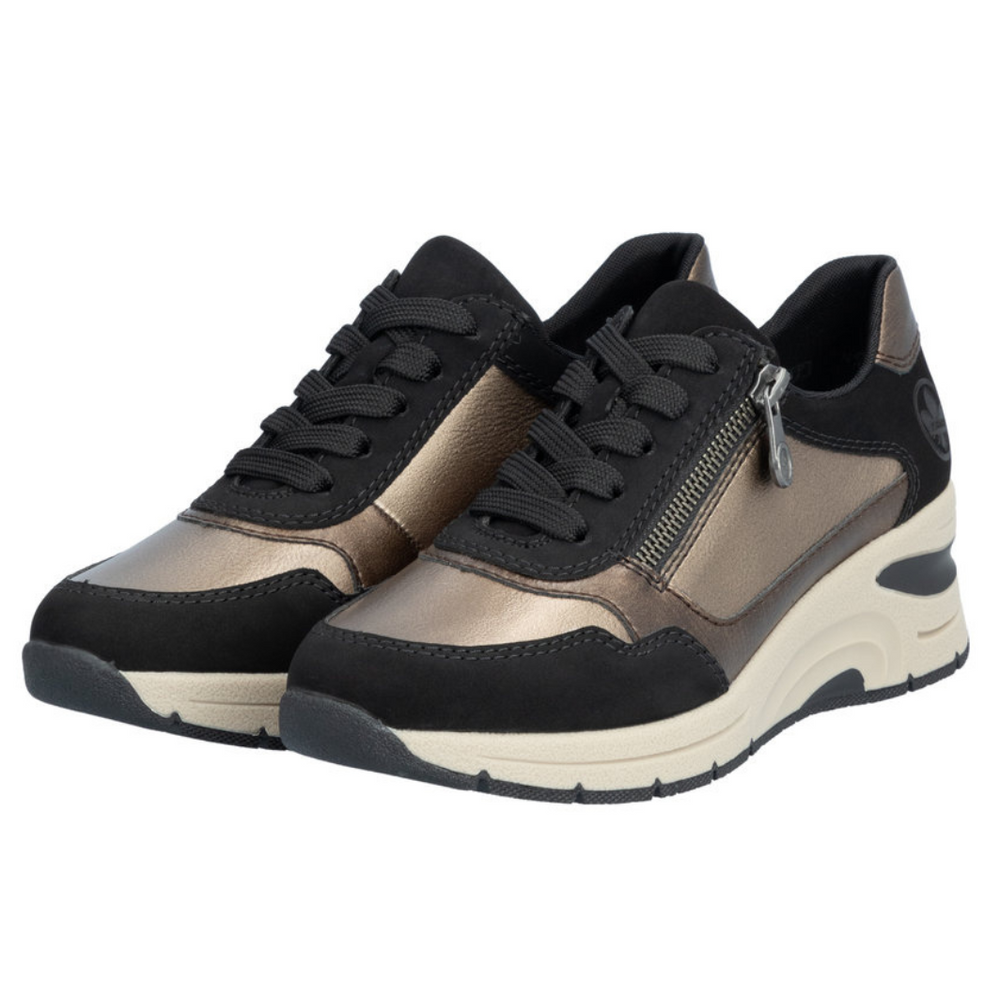 Sneakersy damskie na koturnie beżowe kombi Rieker 