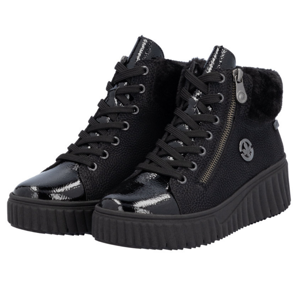 Botki czarne na koturnie z platformą sznurowane Rieker