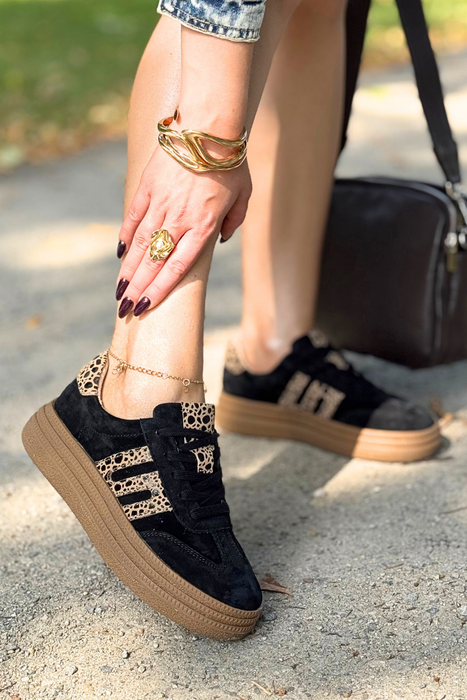 Sneakersy damskie czarne ze skóry zamszowej z panterkowym wzorem Filippo