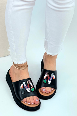 Czarne klapki skórzane na platformie 