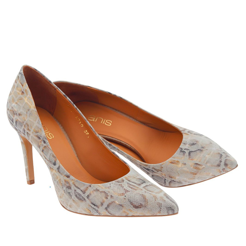 Сірі шкіряні туфлі на високих підборах із зображенням змії Аніс