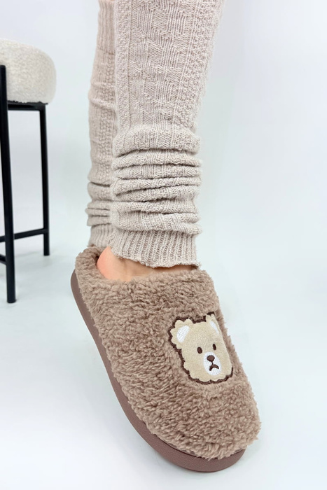 Ciemno brązowe kapcie damskie pluszowe z misiem miękkie