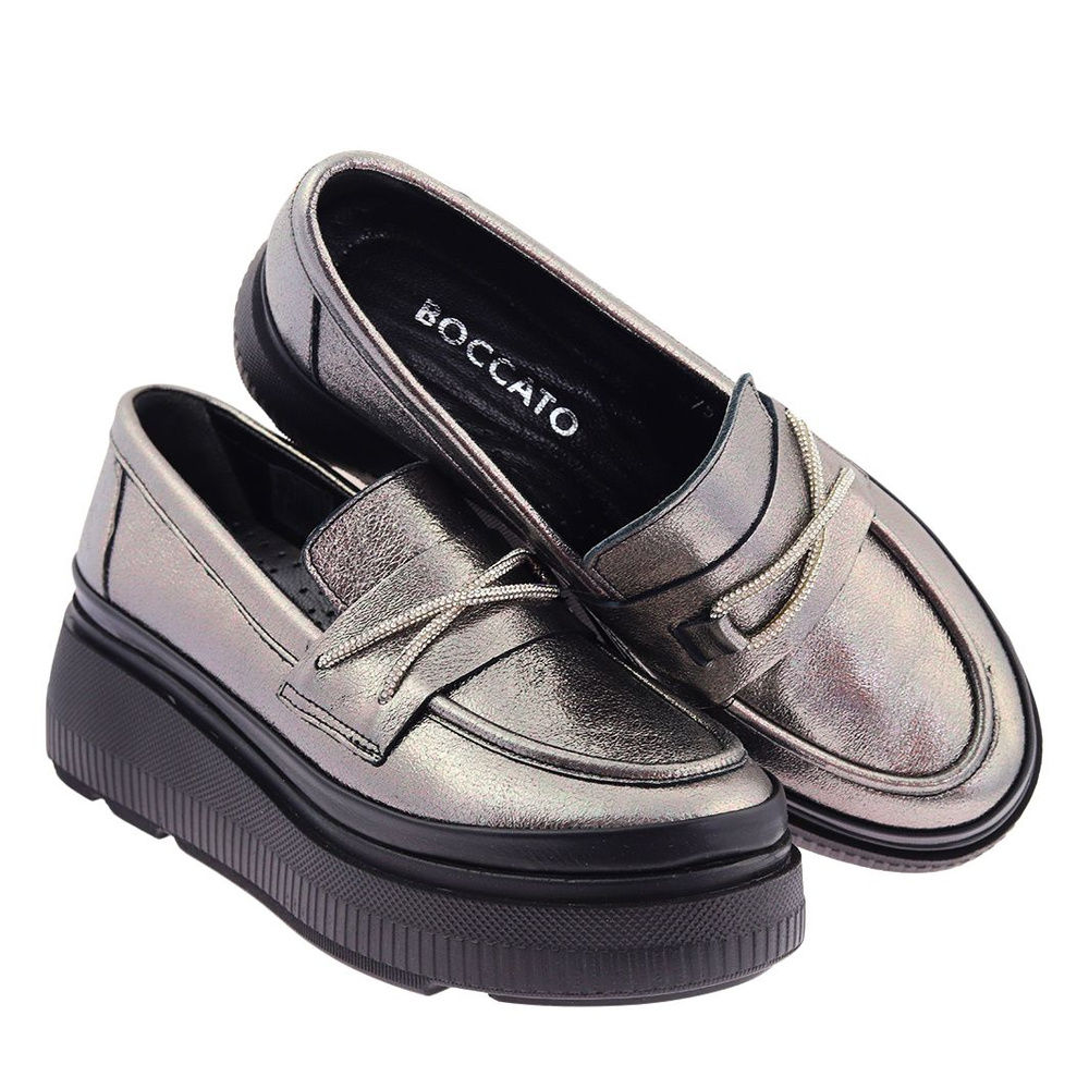 Mokasyny skórzane srebrne z paskami w cyrkonie na platformie