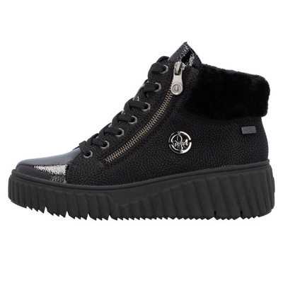 Botki czarne na koturnie z platformą sznurowane Rieker