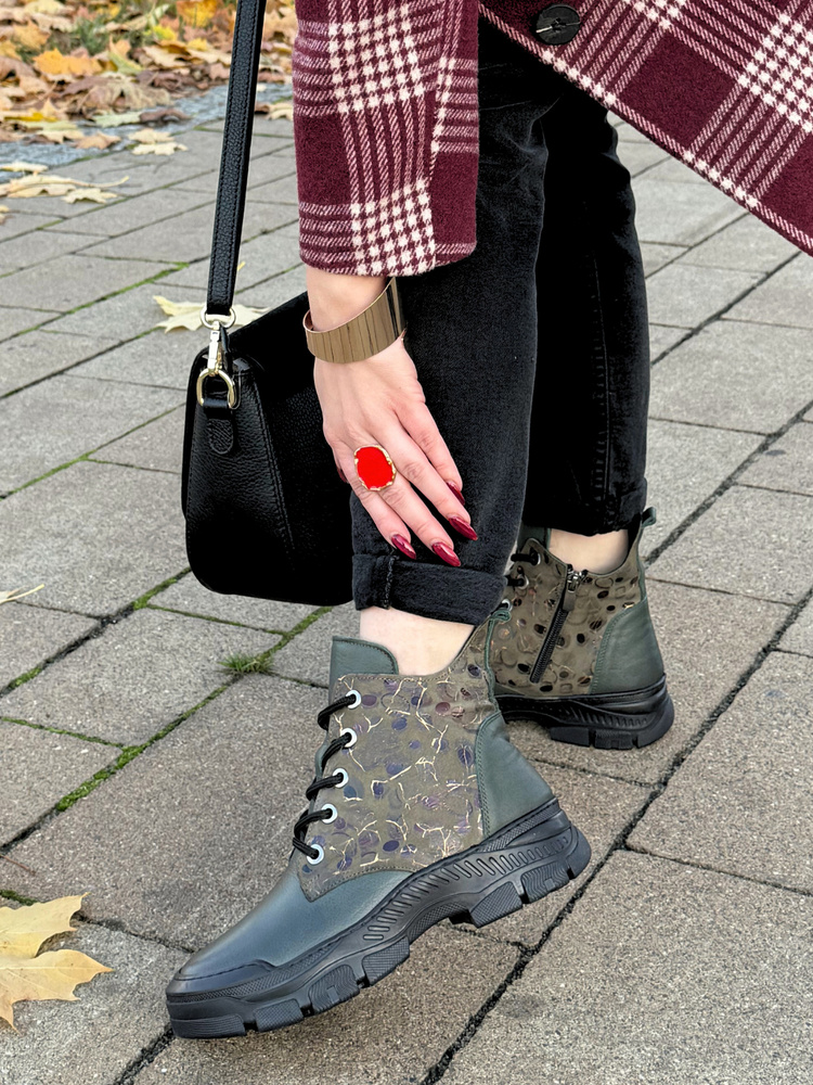 Trzewiki botki damskie skórzane na platformie ocieplane zielone