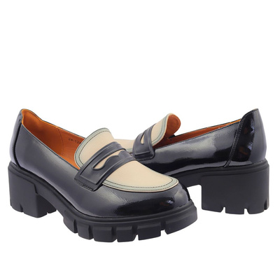 Mokasyny damskie lakierowane czarne na platformie