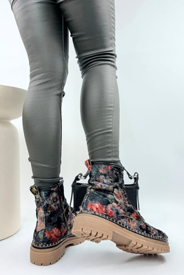Botki damskie skórzane w kwiaty multicolor