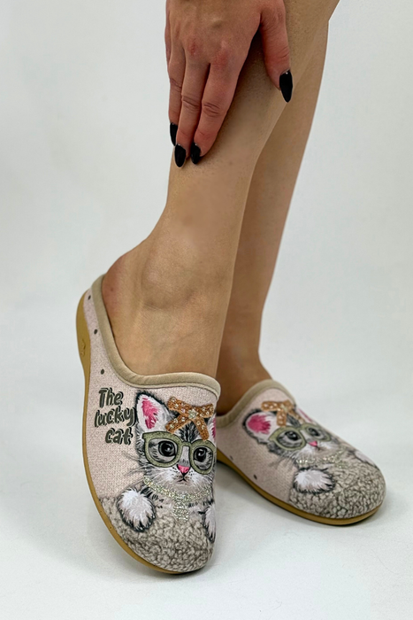 Kapcie damskie kryte welurowe z kotem, komfortowe do domu