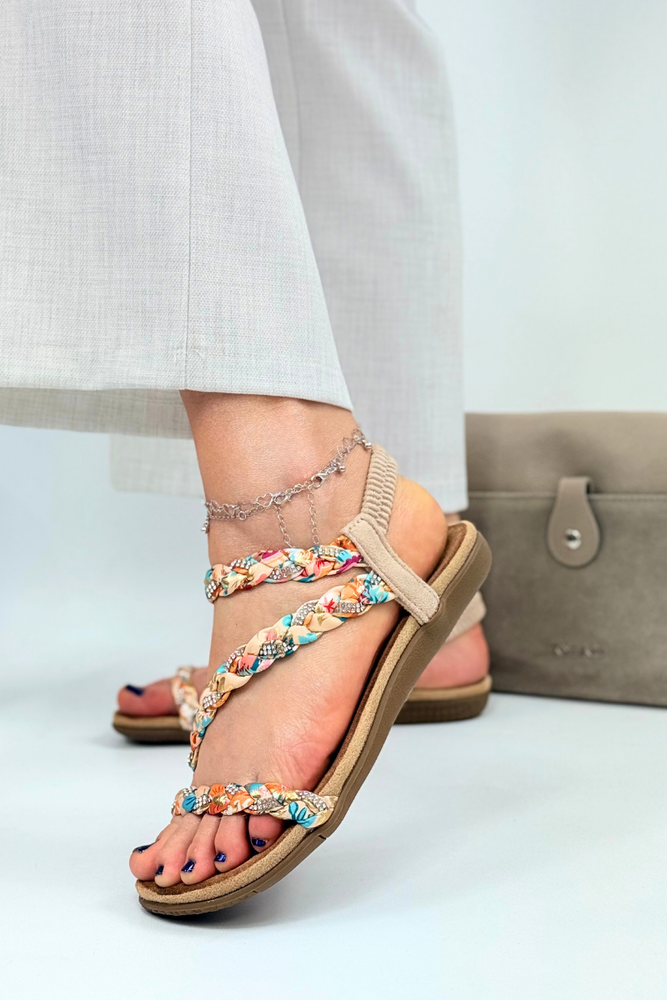 Beżowo żółte sandały z plecionymi paskami zdobione cyrkoniami Artiker