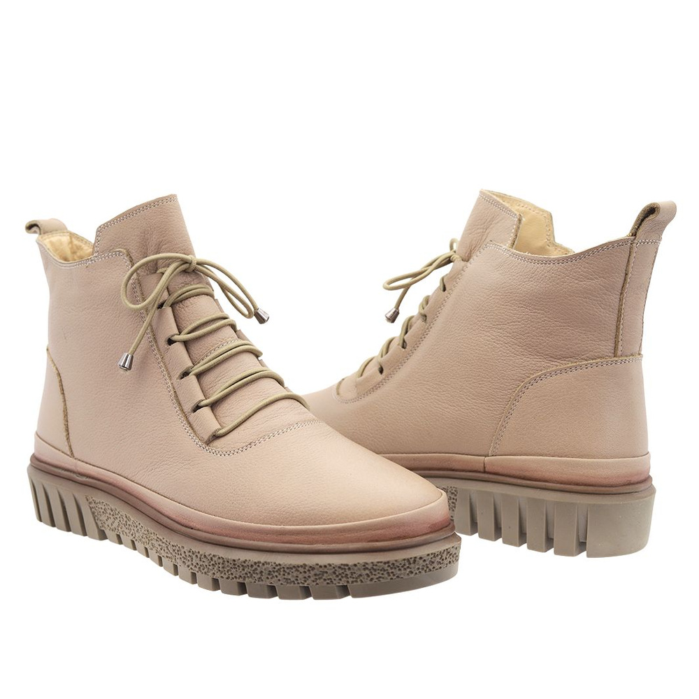 Trzewiki skórzane na niskiej platformie ciemno beżowe sznurowane