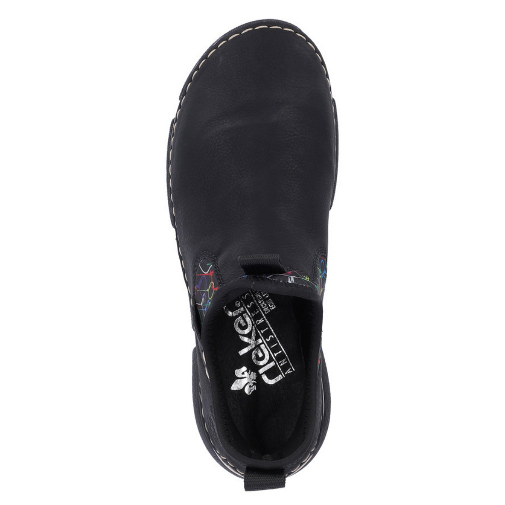 Чорні жіночі ботильйони Rieker з цікавим малюнком на верху