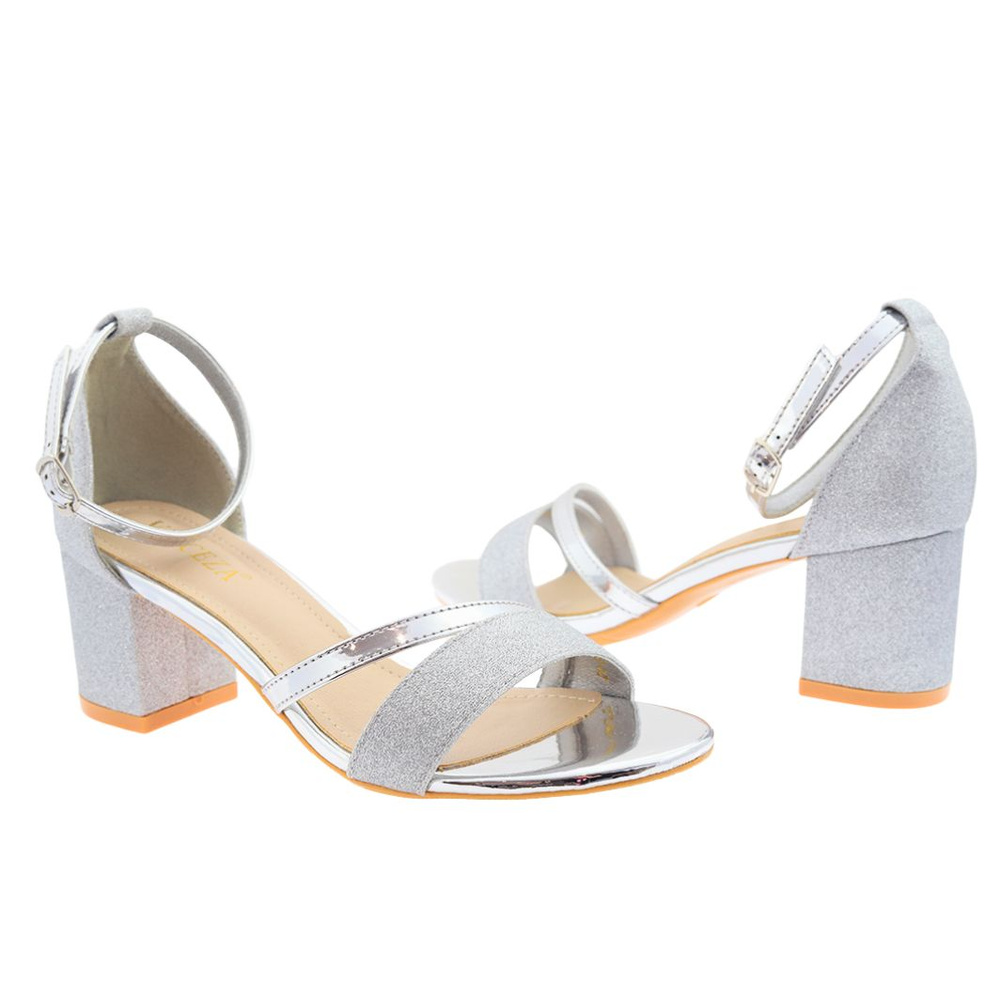 Eleganckie sandały srebrne brokatowe na klocku