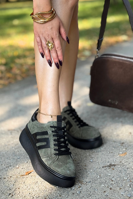 Sneakersy damskie khaki wiązane zamszowe na wysokiej platformie Filippo