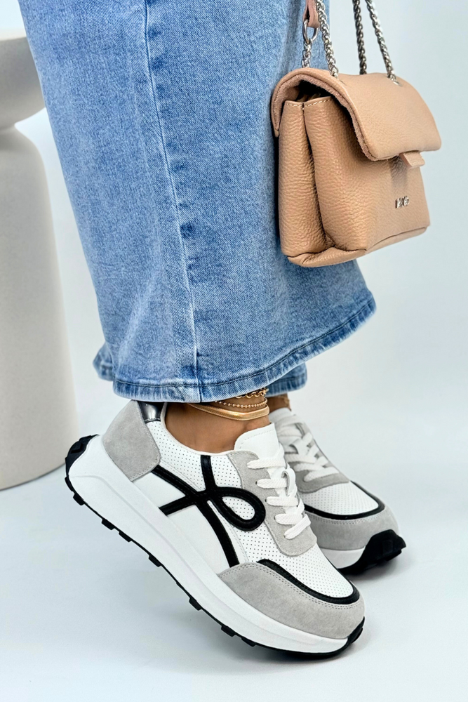 Skórzane sneakersy białe perforowane na platformie