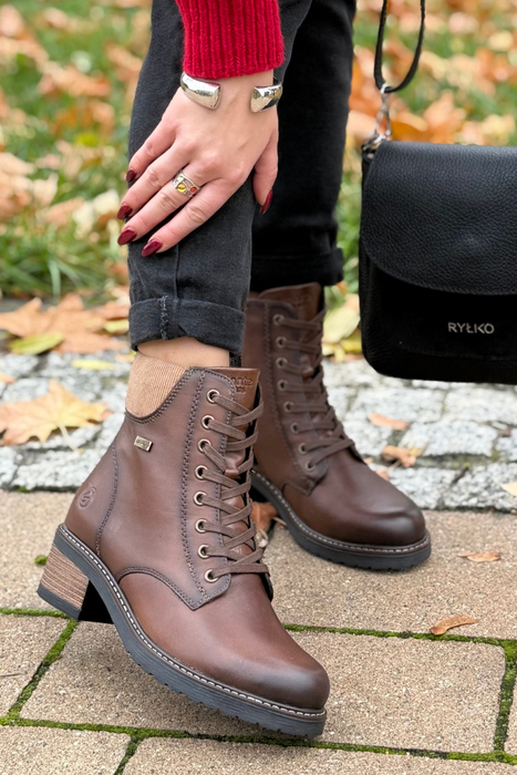 Trzewiki damskie skórzane ocieplane na klocku brązowe