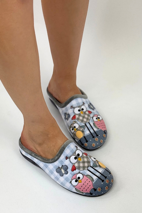 Niebieskie kapcie damskie z sowami