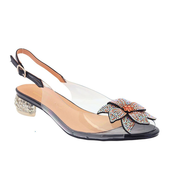 Прозорі босоніжки з квіткою в цирконах, чорні D&A