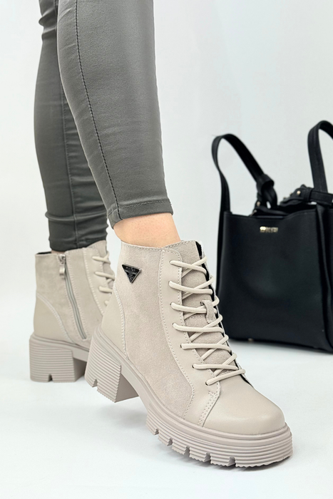 Botki skórzane beżowe na klocku z platformą Filippo