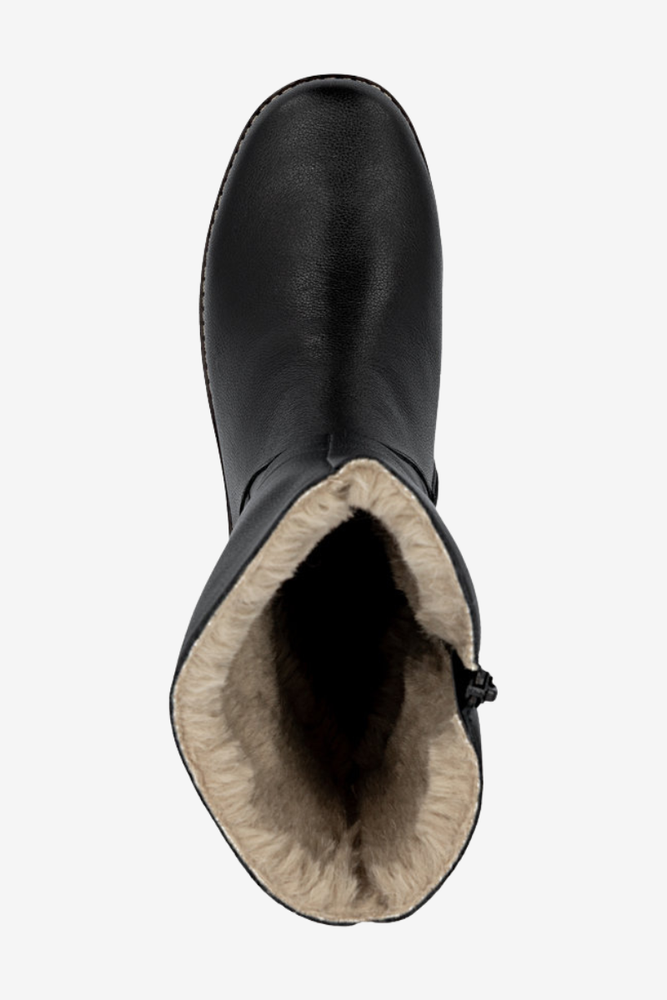 Botki damskie skórzane z wyższym stanem na koturnie czarne 