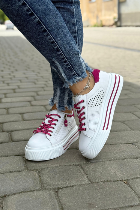Biało różowe skórzane sneakersy perforowane na platformie Filippo